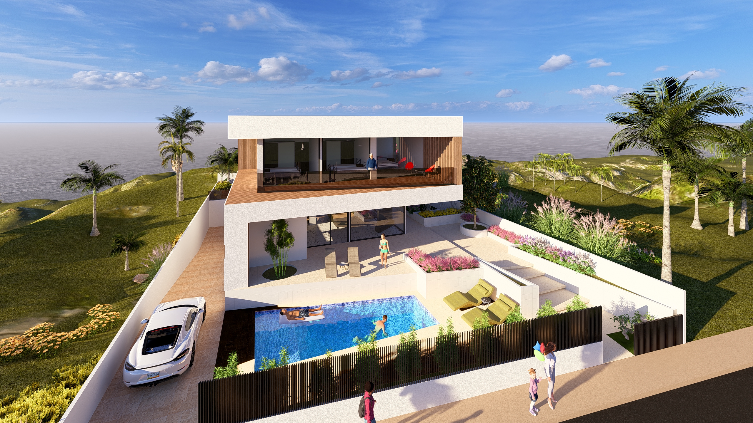 Casa B1 - Perspectiva aeriană cu amenajări peisagistice