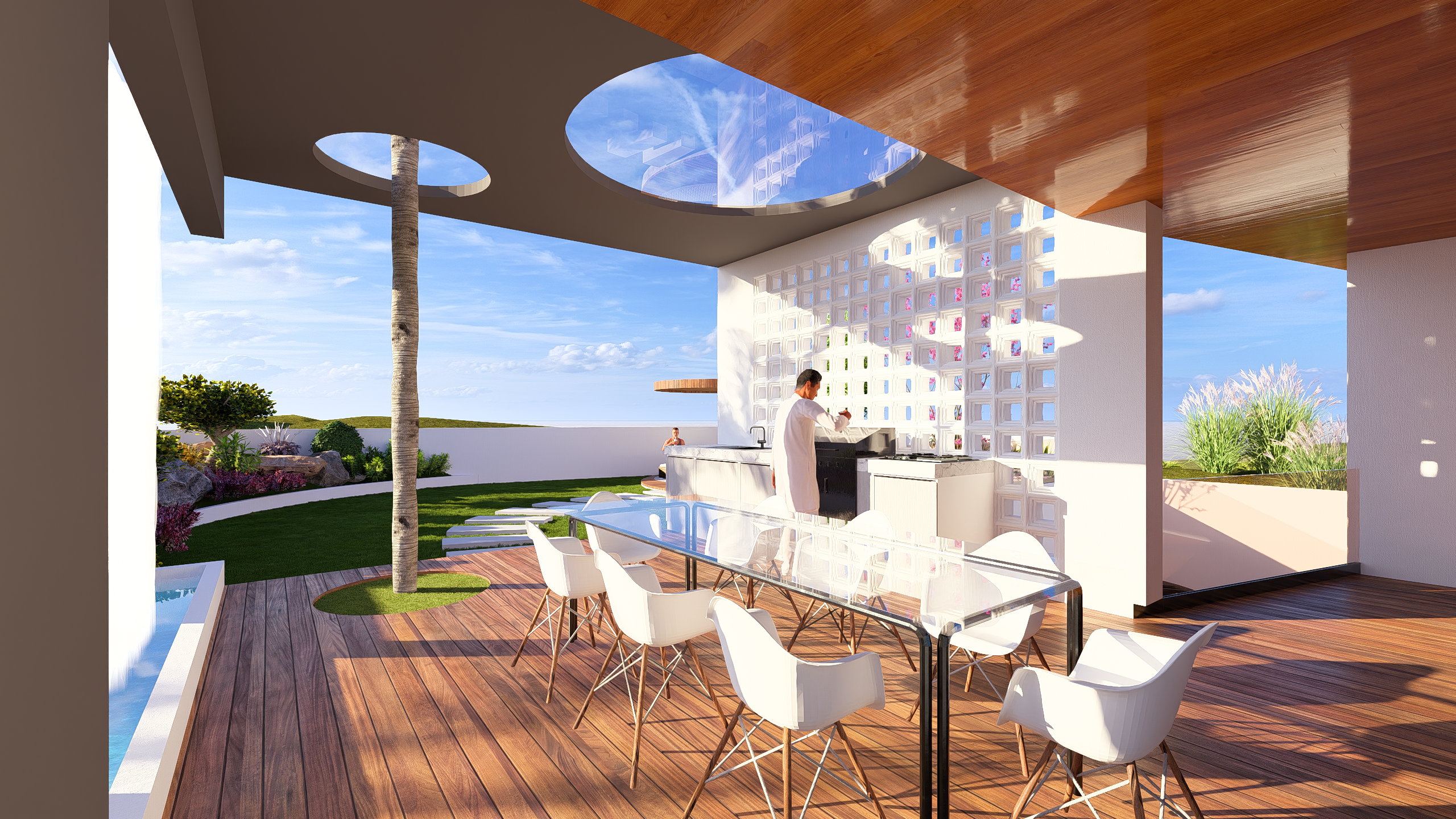 Casa B2 - Interior cu bucătărie deschisă și terasa acoperită