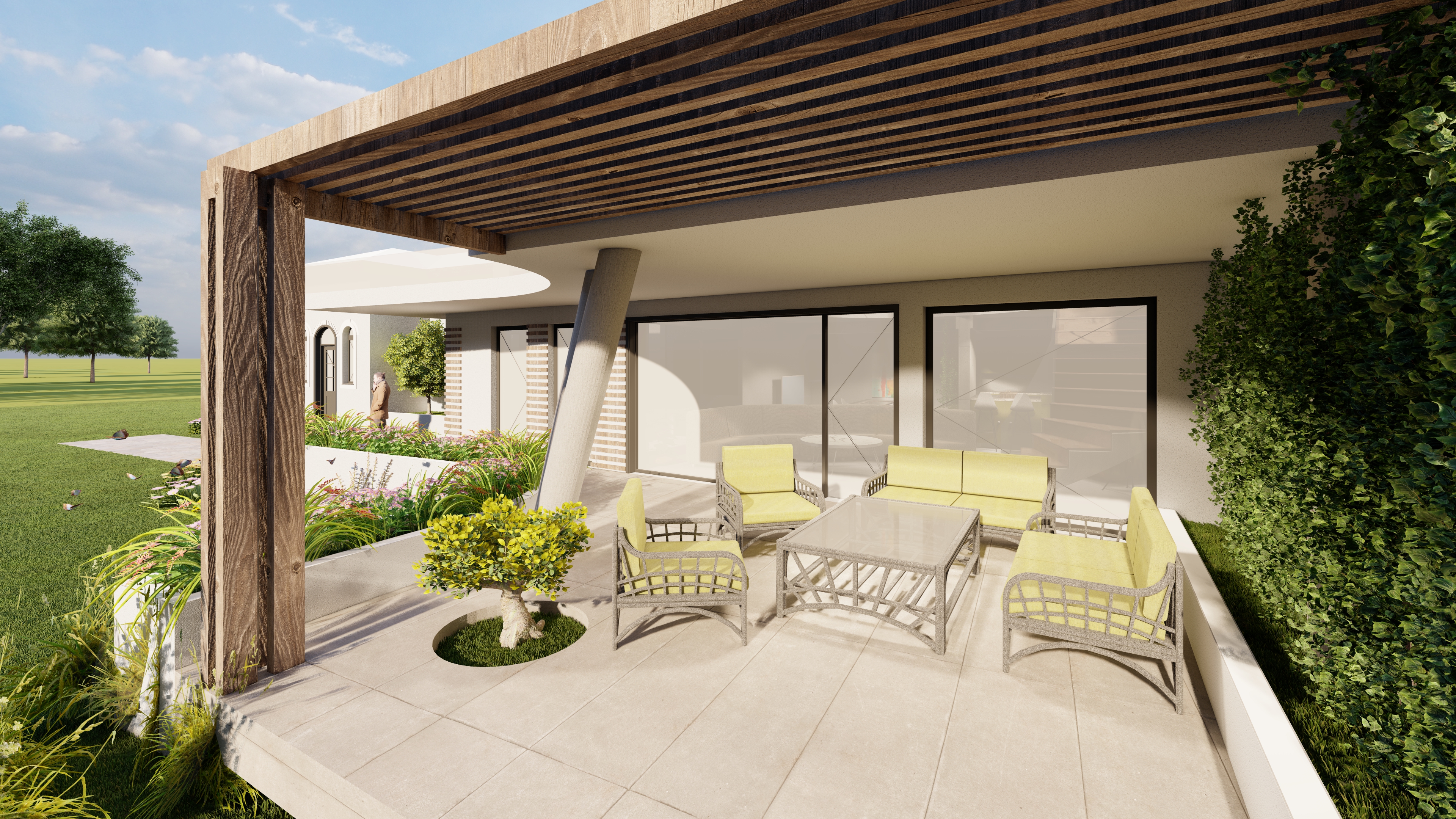 Casa FI - Terasa acoperită cu stâlpi în V