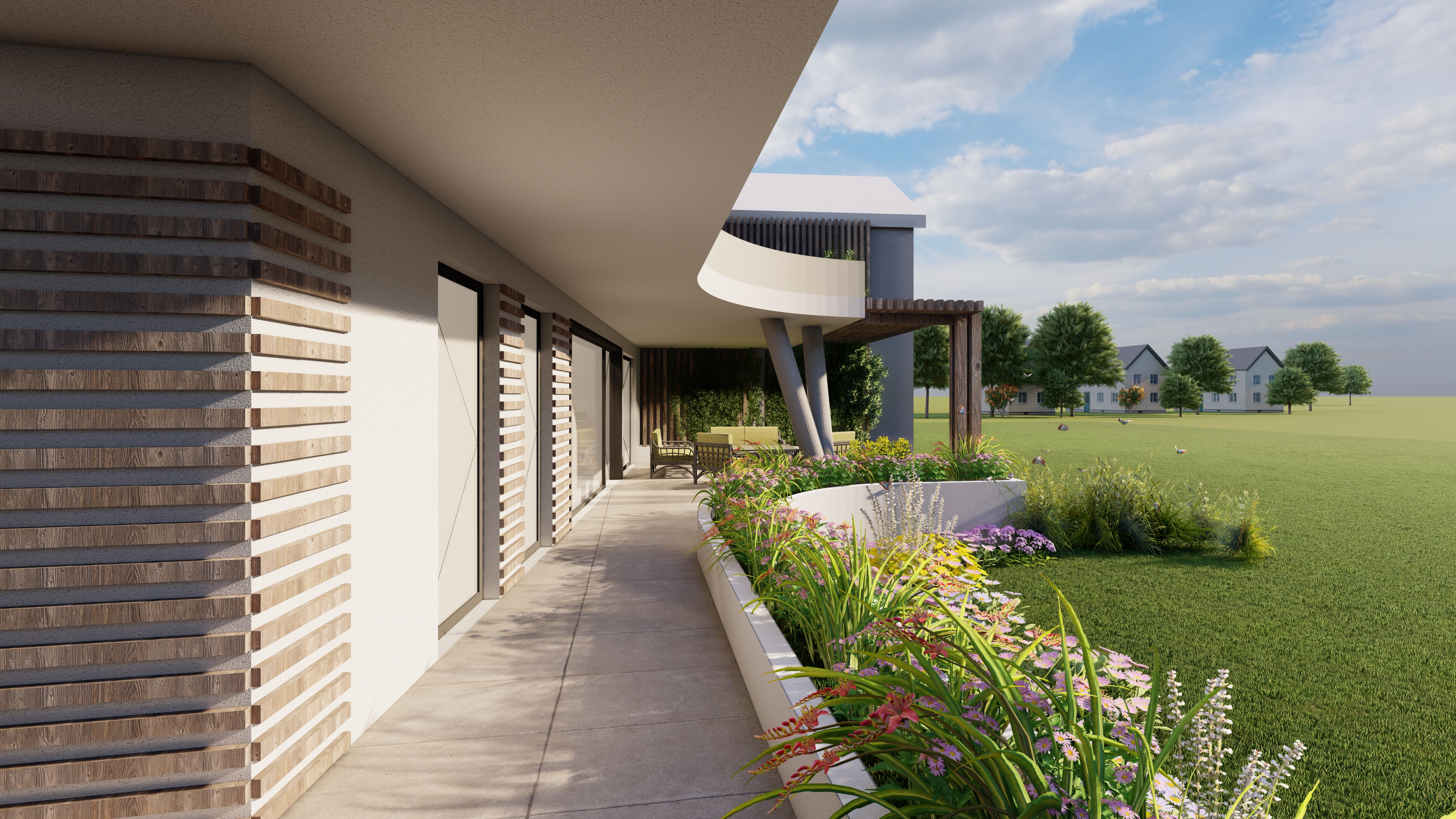 Casa FI - Perspectivă cu grădina amenajată