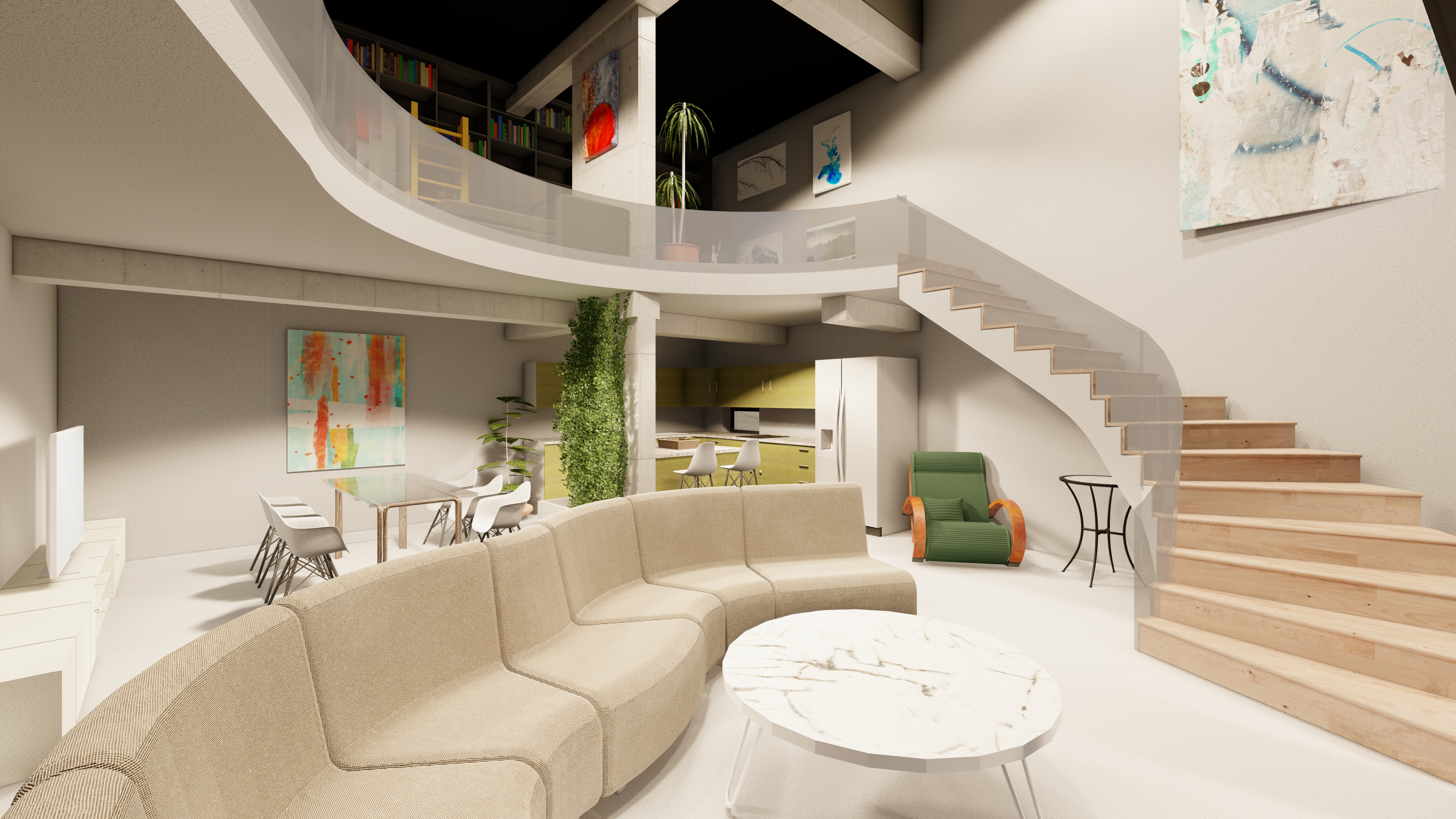 Casa FI - Living cu scara curbă sculptural