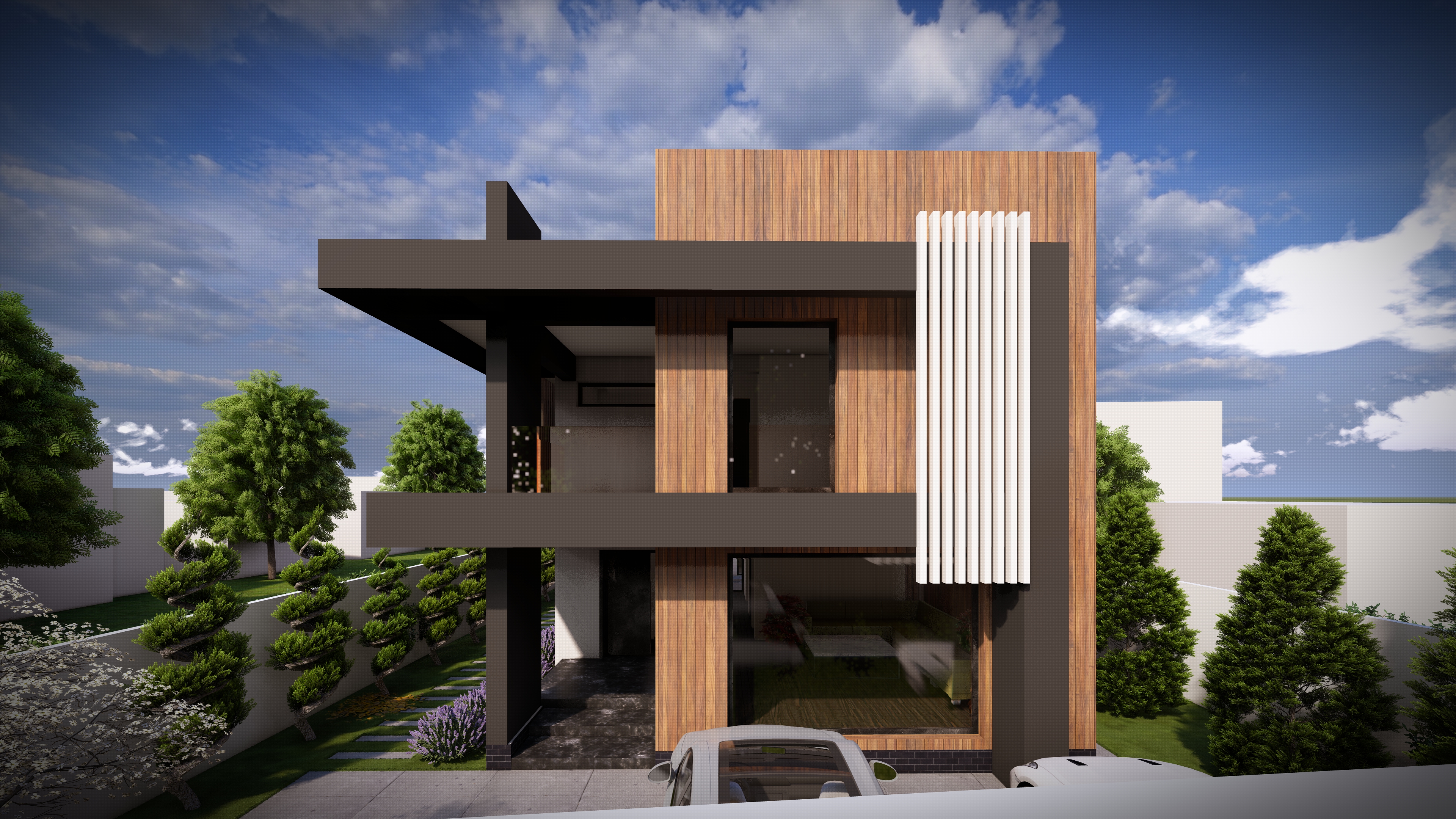 Casa M - Fațada principală cu balcon suspendat