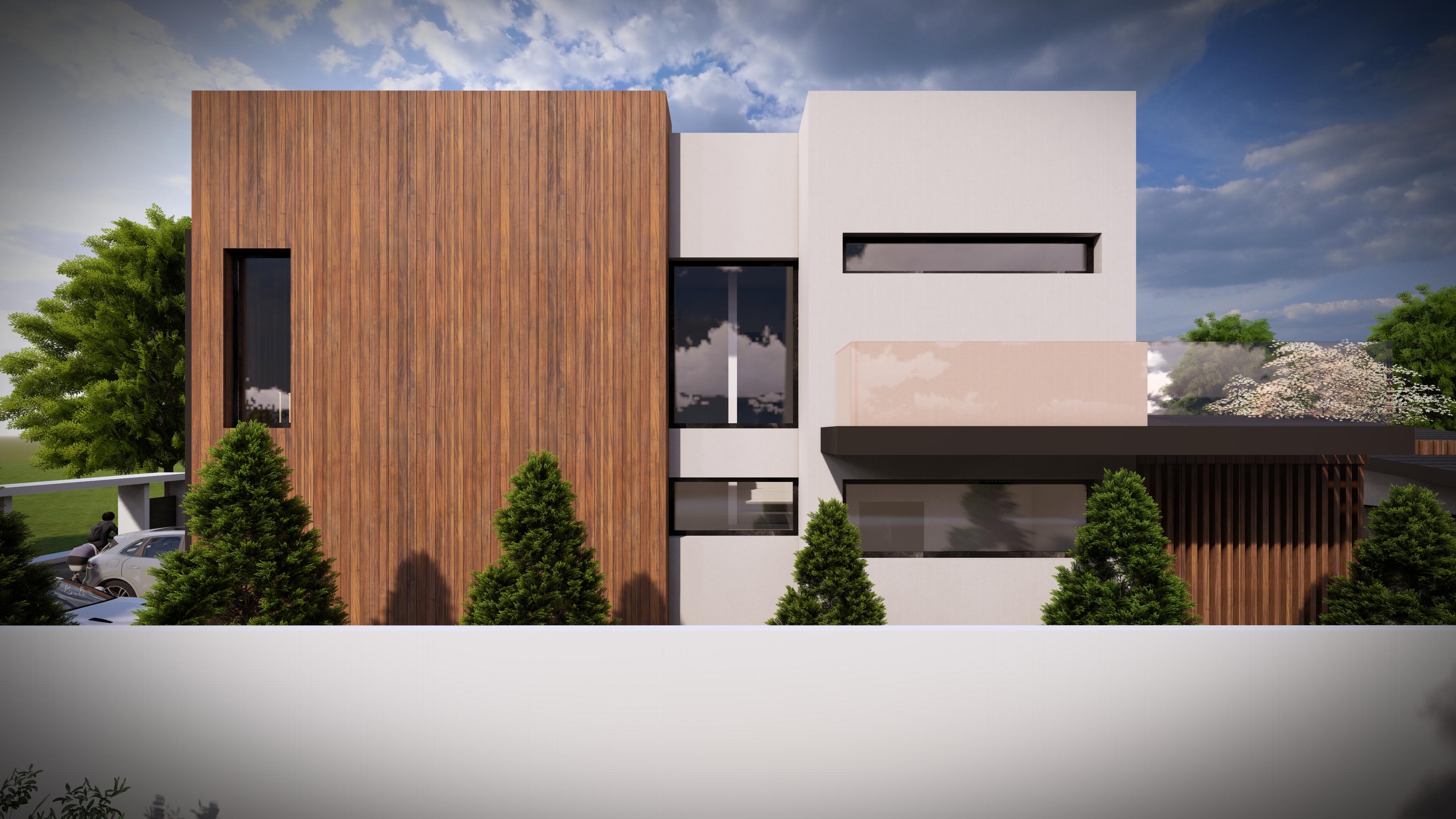 Casa M - Fațada laterală cu materiale naturale