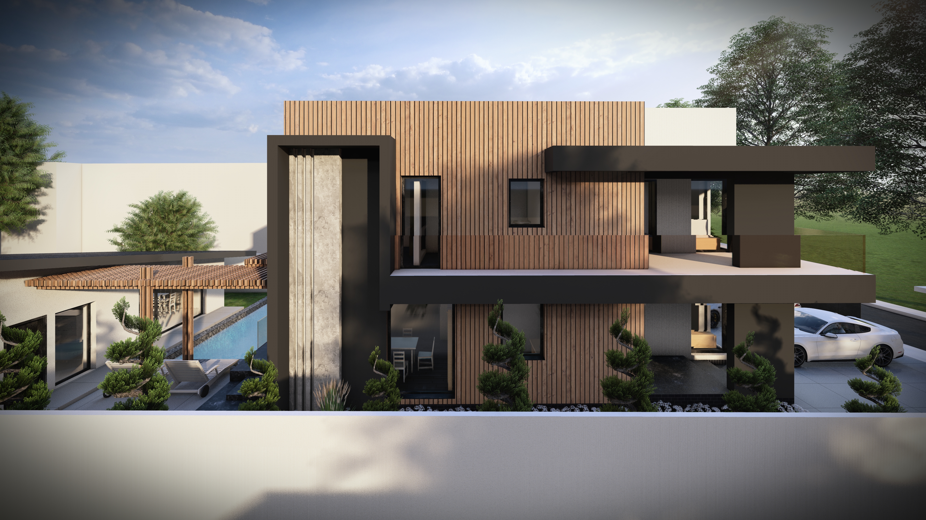 Casa P - Perspectiva laterală cu piscină